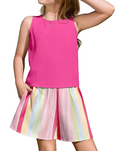 Arshiner Mädchen Bekleidungssets Ärmellose Tank top mit Shorts Kinderkleidung Set Freizeit Mädchenkleidung Sommeroutfit Rose red Streifen 160 12-13 Jahre von Arshiner