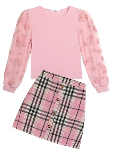Arshiner Mädchen Bekleidungssets Elegante Langarmshirt mit Rock Set Kinder Herbst Winter Outfit Kariert Freizeit Mode Zweiteilig Kleidung Sets für Mädchen 10-11 Jahre von Arshiner