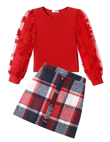 Arshiner Mädchen Bekleidungssets Elegante Langarmshirt mit Rock Set Kinder Herbst Winter Outfit Kariert Freizeit Mode Zweiteilig Kleidung Sets für Mädchen 7-8 Jahre von Arshiner