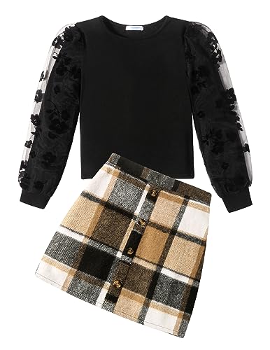 Arshiner Mädchen Bekleidungssets Elegante Langarmshirt mit Rock Set Kinder Herbst Winter Outfit Kariert Freizeit Mode Zweiteilig Kleidung Sets für Mädchen 7-8 Jahre von Arshiner