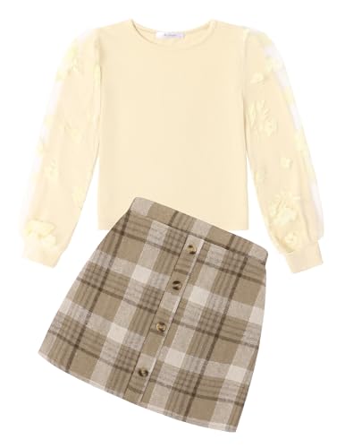 Arshiner Mädchen Bekleidungssets Elegante Langarmshirt mit Rock Set Kinder Herbst Winter Outfit Kariert Freizeit Mode Zweiteilig Kleidung Sets für Mädchen 9-10 Jahre von Arshiner