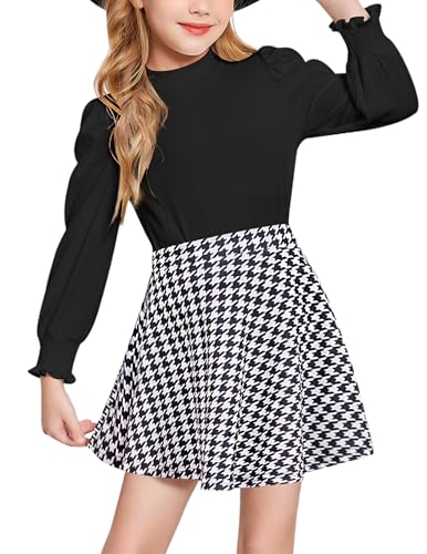 Arshiner Mädchen Bekleidungssets Freizeit Outfits Bluse mit Plaid Rock Set Kinder Herbst Winter Zweiteilig Mode Hahnentritt Kleidung Sets für Mädchen 150/11-12 Jahre von Arshiner