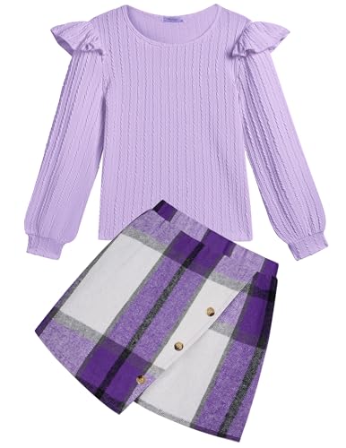 Arshiner Mädchen Bekleidungssets Kinder Langarmshirt mit Kariert Rock Set Herbst Winter Freizeit Mode Elegantes Zweiteilig Outfits für Mädchen 13-14 Jahre 160 von Arshiner