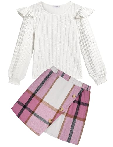 Arshiner Mädchen Bekleidungssets Kinder Langarmshirt mit Kariert Rock Set Herbst Winter Freizeit Mode Elegantes Zweiteilig Outfits für Mädchen 8-9 Jahre 130 von Arshiner
