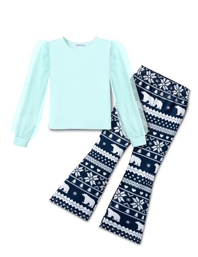 Arshiner Mädchen Bekleidungssets Mesh-Puffärmeln Oberteile Kinder Schlaghose Dunkelblau Winter Mädchenmode Türkis Langarmshirt 140/10-11 Jahre von Arshiner