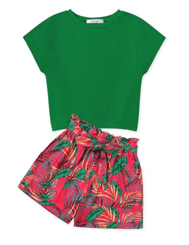 Arshiner Mädchen Tshirt mit Shorts Set Sommer Kinder Bekleidungssets Freizeit Mode Tank Top Zweiteiliges Kleidung Sets für Mädchen 11-12 Jahre Grün & Hawaii von Arshiner
