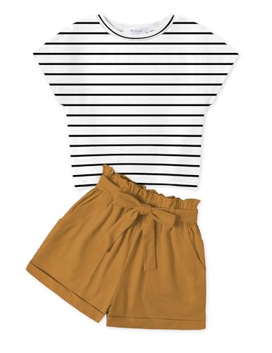 Arshiner Mädchen Tshirt mit Shorts Set Sommer Kinder Bekleidungssets Freizeit Mode Tank Top Zweiteiliges Kleidung Sets für Mädchen 9-10 Jahre Streifen & Khaki von Arshiner