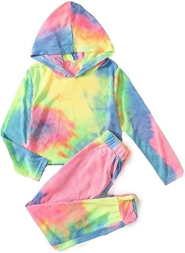 Arshiner Mädchen Pyjama-Set Batik Kinder Kapuzenpullover mit Hose Set Leicht Freizeit Langarm Schlafanzug für Mädchen 5-6 Jahre von Arshiner