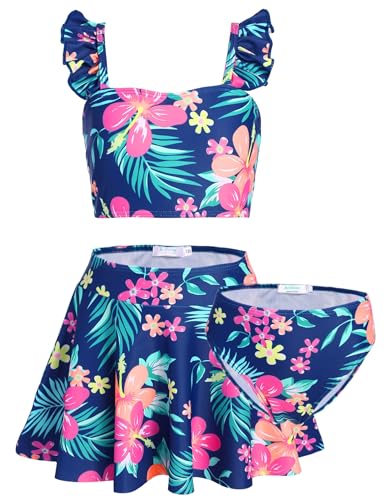 Arshiner Mädchen Bikini 3-Teiliges Set Blumendruck Badeanzug Kinder Tankini mit Rock Urlaub Surf Bademode Blau Schwimmbekleidung 150/9-10 Jahre von Arshiner