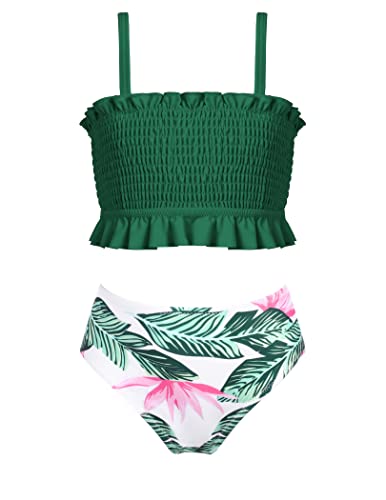 Arshiner Mädchen Bikini Bandeau Gesmokte Bademode Rüschen Badebekleidung Verstellbaren Träger Zweiteiliger Badeanzug Blumen Bikini-Slip Grün 160/12-13 Jahre von Arshiner