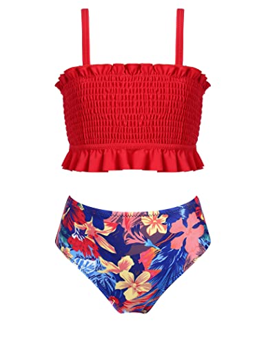 Arshiner Mädchen Bikini Kinder Zweiteiliger Badeanzug Verstellbaren Träger Tankini mit Rüschen Gesmokte Schwimmanzug Hawaii Strandmode Rot 130/7-8 Jahre von Arshiner