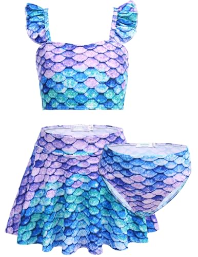 Arshiner Mädchen Bikini Set 3 Stück Kinder Rüschen Tankini mit Rock Meerjungfrau Badeanzug Bademode Schwimmanzug Blau 140/8-9 Jahre von Arshiner