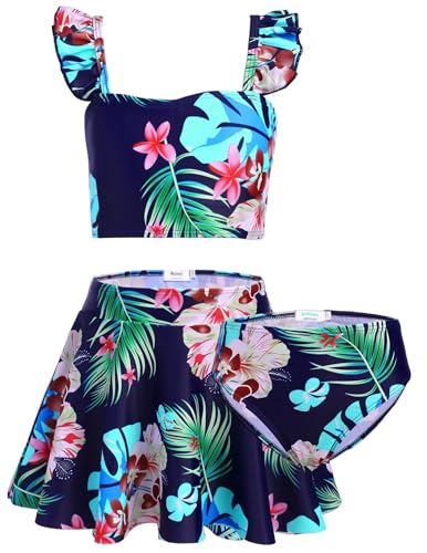 Arshiner Mädchen Bikini Set 3 Teilige Sommer Tankini mit Rock Blumen Badeanzug Kinder Dunkelblau Bademode Strand Badebekleidung 130/7-8 Jahre von Arshiner