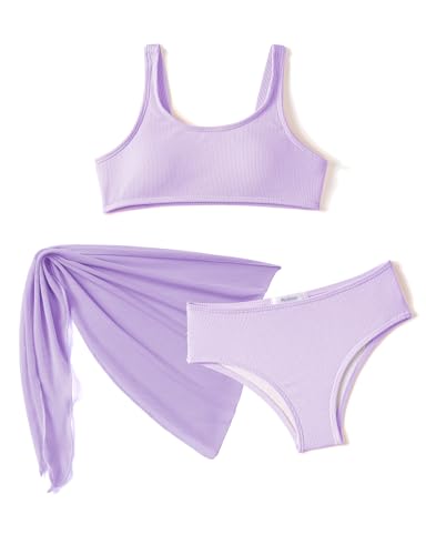 Arshiner Mädchen Bikini Set 3-teilig Sommer Dreiteiliger Badeanzuge mit Rock Mode Sunny Bademode Schwimmen Badebekleidung für Kinder 12-13 Jahre Lila von Arshiner