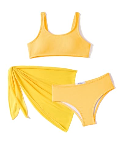 Arshiner Mädchen Bikini Set 3-teilig Sommer Dreiteiliger Badeanzuge mit Rock Mode Sunny Bademode Schwimmen Badebekleidung für Kinder 4-5 Jahre Gelb von Arshiner