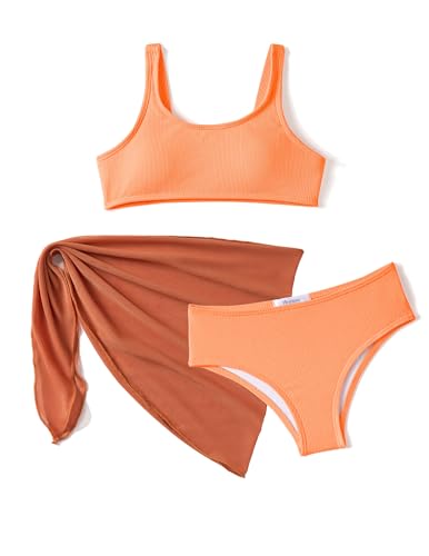 Arshiner Mädchen Bikini Set 3-teilig Sommer Dreiteiliger Badeanzuge mit Rock Mode Sunny Bademode Schwimmen Badebekleidung für Kinder 8-9 Jahre Orange von Arshiner