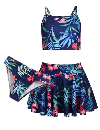 Arshiner Mädchen Bikini Set 3er Sommer Badeanzüge Kinder Dreiteilig Tankini mit Rock Blumendruck Bademode Bikinis für Mädchen 7-8 Jahre von Arshiner