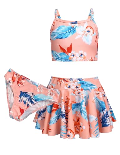 Arshiner Mädchen Bikini Set 3er Sommer Badeanzüge Kinder Dreiteilig Tankini mit Rock Blumendruck Bademode Bikinis für Mädchen 9-10 Jahre von Arshiner