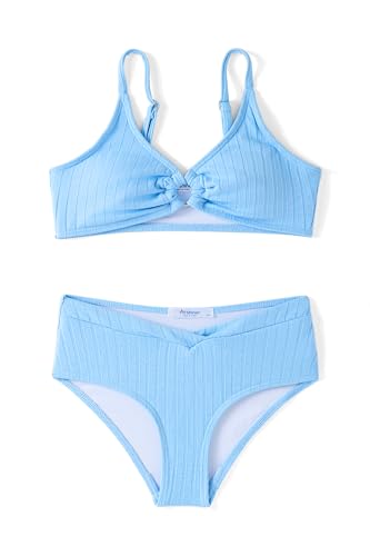 Arshiner Mädchen Bikini-Set Gerippter Sommer Kinder Zweiteiliger Badeanzug Einfarbige Mode StrandBikinis für Mädchen 5-6 Jahre Blau von Arshiner