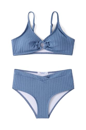 Arshiner Mädchen Bikini-Set Gerippter Sommer Kinder Zweiteiliger Badeanzug Einfarbige Mode StrandBikinis für Mädchen 5-6 Jahre Graublau von Arshiner