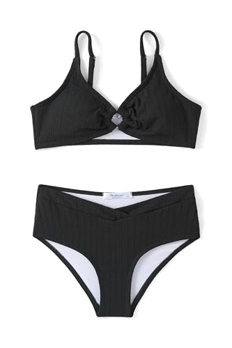 Arshiner Mädchen Bikini-Set Gerippter Sommer Kinder Zweiteiliger Badeanzug Einfarbige Mode StrandBikinis für Mädchen 7-8 Jahre Schwarz von Arshiner
