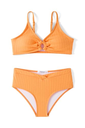 Arshiner Mädchen Bikini-Set Gerippter Sommer Kinder Zweiteiliger Badeanzug Einfarbige Mode StrandBikinis für Mädchen 9-10 Jahre Orange von Arshiner