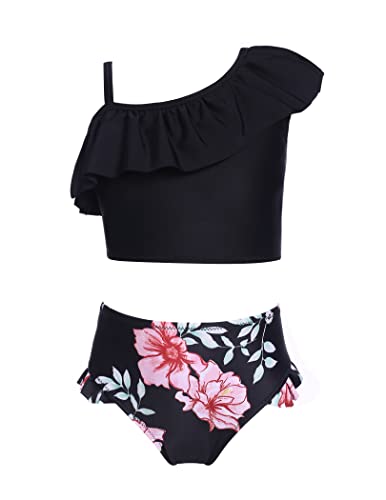 Arshiner Mädchen Bikini-Set Kinder Badeanzug Zweiteiliger Rüschen Tankini Schwimmanzug Strand Stoffdruck Badebekleidung Schwimmen Schwarz 134/6-7 Jahre von Arshiner