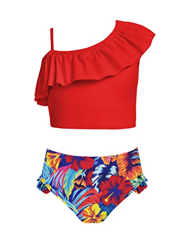 Arshiner Mädchen Bikini Tankini Kinder Blumendruck Badeanzug Zweiteiler Hawaiian Strand Bademode Badebekleidung Pool Wassersportarten Schwimmanzug Rot 134 von Arshiner