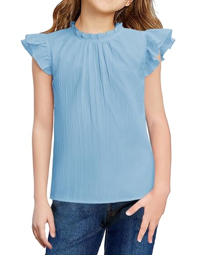 Arshiner Mädchen Bluse Blau T-Shirts Mode Sommer A-Linie Oberteile Kinder Einfarbig Einschulung Shirt Ärmelloses Elegant Faltiger Kragen Tops 120/5-6 Jahre von Arshiner