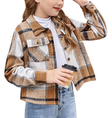 Arshiner Mädchen Blusen Flanell Kariert Kinder Herbst Winter Langarmshirt Komfort Mode Revers Button-Down Kurzjacke für Mädchen 10-11 Jahre von Arshiner