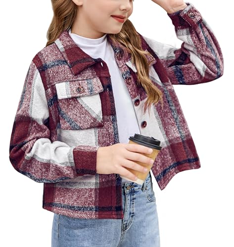Arshiner Mädchen Blusen Flanell Kariert Kinder Herbst Winter Langarmshirt Komfort Mode Revers Button-Down Kurzjacke für Mädchen 10-11 Jahre von Arshiner