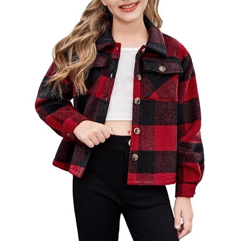 Arshiner Mädchen Blusen Flanell Kariert Kinder Herbst Winter Langarmshirt Komfort Mode Revers Button-Down Kurzjacke für Mädchen 8-9 Jahre von Arshiner