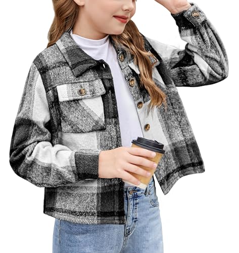 Arshiner Mädchen Blusen Flanell Kariert Kinder Herbst Winter Langarmshirt Komfort Mode Revers Button-Down Kurzjacke für Mädchen 8-9 Jahre von Arshiner