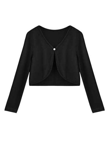 Arshiner Mädchen Bolero mit offener Vorderseite Strickjacke Cardigan für Kinder Strick-Bolero mit Langen Ärmeln und Knopfverschluss Schwarz 130 von Arshiner