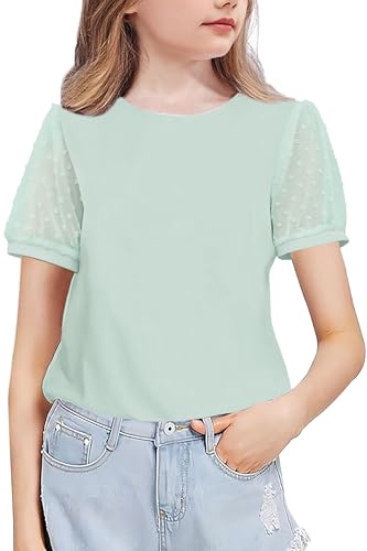 Arshiner Mädchen Chiffon Ärmel T-Shirt Baumwolle Freizeit Elegant Kurzarmshirt Mode Rundhals Bequem Oberteile Sommer Basic Tshirts für Kinder 7-8 Jahre Grünes von Arshiner