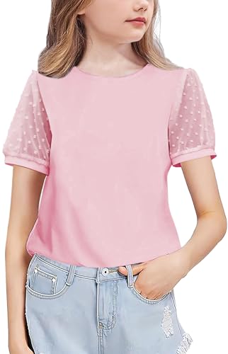 Arshiner Mädchen Chiffon Ärmel T-Shirt Baumwolle Freizeit Elegant Kurzarmshirt Mode Rundhals Bequem Oberteile Sommer Basic Tshirts für Kinder 7-8 Jahre Pink von Arshiner