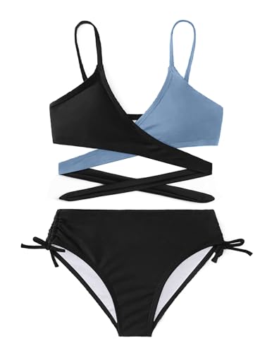Arshiner Mädchen Farbe Block Strand Wrap Around Badeanzüge 2-teilige Badeanzug Sommer Bikini Tankini Sets für Kinder Schwarz/Blau 120 6-7 Jahre von Arshiner