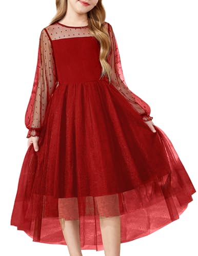 Arshiner Mädchen Festliches Kleid Rot Langarmkleid Weihnachtskleid Kinder Winterkleid Rundhals Tüllkleid Ballkleid Partykleid 13-14 Jahre von Arshiner