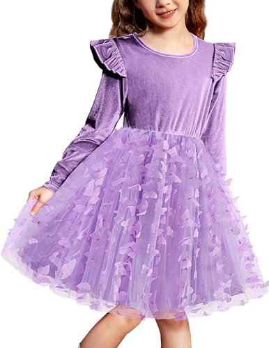 Arshiner Mädchen Festliches Kleid Samtkleid Lila Schmetterling Festkleid Kleine Kinder Tüllkleid Winter Langarmkleid Hochzeit Prinzessin Partykleid 100/3-4 Jahre von Arshiner
