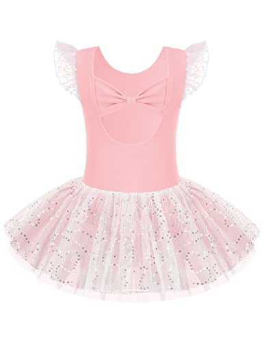 Arshiner Mädchen Glitzer Ballettkleidung Schleifenknoten Ballettkleid Kinder Tanz Trikots Kurze Ärmel Ballett Outfits Kleidung Tutu Kleid Rosa 120 von Arshiner