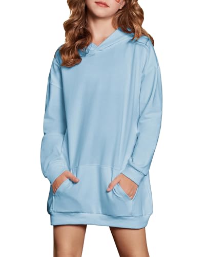 Arshiner Mädchen Hoodie Lang Kinder Winter Kapuzenpullover Mode Freizeit Einfarbiges Sweatshirt für Mädchen 13-14 Jahre Hellblau von Arshiner