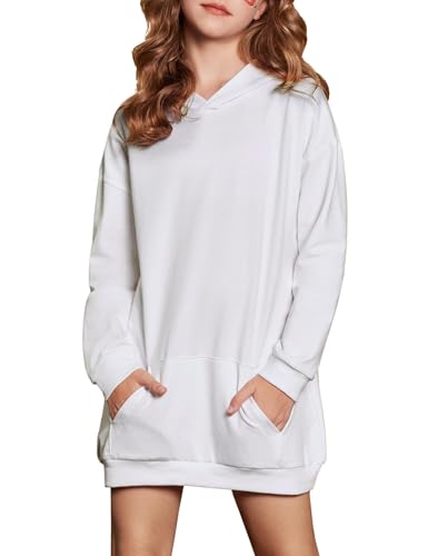 Arshiner Mädchen Hoodie Lang Kinder Winter Kapuzenpullover Mode Freizeit Einfarbiges Sweatshirt für Mädchen 13-14 Jahre Weiß von Arshiner