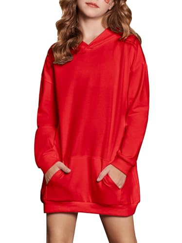 Arshiner Mädchen Hoodie Kleid Kinder Lang Kapuzenpullover Winter Pullover Mode Freizeit Sweatshirt für Mädchen 7-8 Jahre Rot von Arshiner