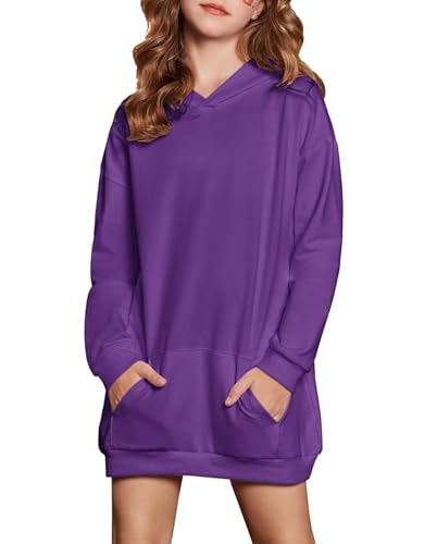 Arshiner Mädchen Hoodie Lang Kinder Winter Kapuzenpullover Mode Freizeit Einfarbiges Sweatshirt für Mädchen 9-10 Jahre Lila von Arshiner