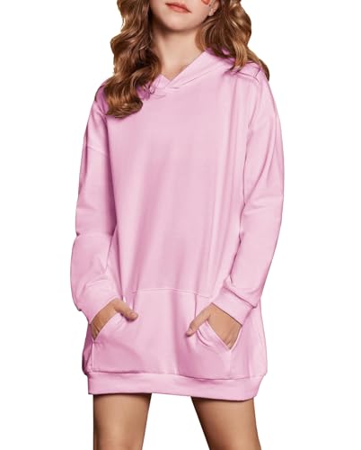 Arshiner Mädchen Hoodie Lang Kinder Winter Kapuzenpullover Mode Freizeit Einfarbiges Sweatshirt für Mädchen 9-10 Jahre Rosa von Arshiner