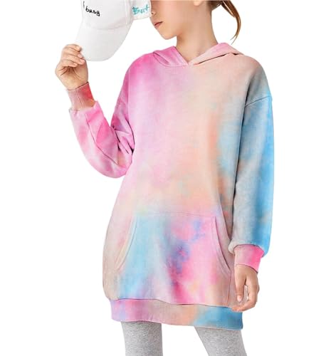 Arshiner Mädchen Hoodie Kleid Langarm Tie Dye Kapuzenkleid Kinder Lässig Pullover Baitk Sweatshirt Kleider mit Kapuze und Tasche für Mädchen 4-13 Jahre von Arshiner