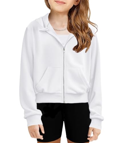 Arshiner Mädchen Kapuzenpullover Kurz mit Reißverschluss Kinder Hoodie Langarm Mode Pullover Herbst Winter Freizeit Langarmshirt für Mädchen 5-6 Jahre Weiß von Arshiner