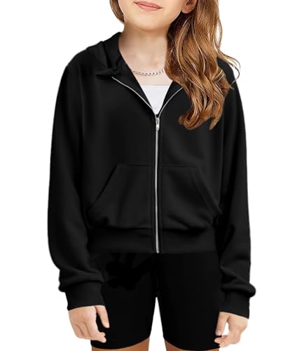 Arshiner Mädchen Kapuzenpullover Kurz mit Reißverschluss Kinder Hoodie Langarm Mode Pullover Herbst Winter Freizeit Langarmshirt für Mädchen 7-8 Jahre Schwarz von Arshiner