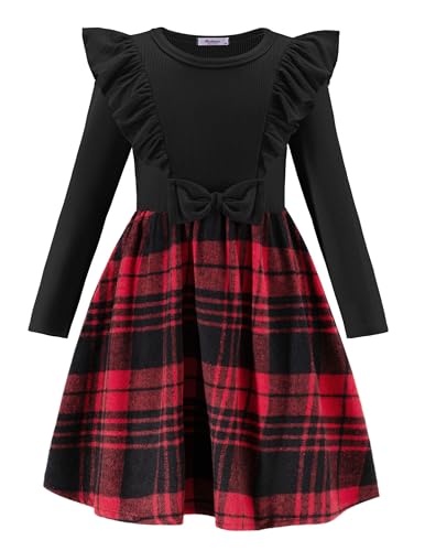 Arshiner Mädchen Kariertes Kleid Langarm Strickkleid Rüschen Bowknot Herbstkleid Kinder Winter Weihnachtskleid Rot Festlicheskleid 1-2 Jahre von Arshiner