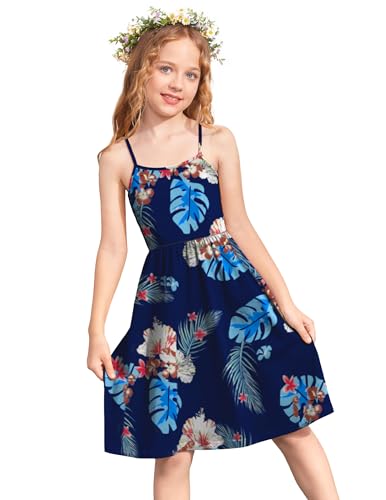 Arshiner Mädchen Kleider Hawaii Kinder Sommer Trägerkleid Festliches Freizeitkleid A-Linie Midi Party Ärmellose Kleid für Mädchen 7-8 Jahre von Arshiner